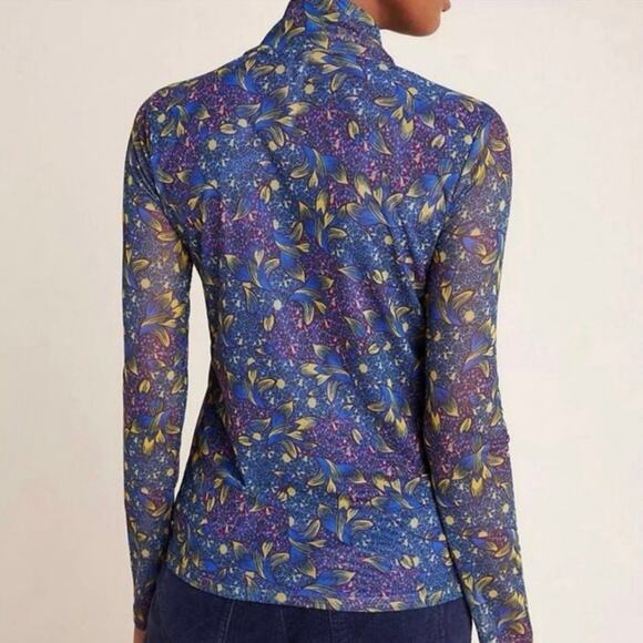 Anthropologie Sheer Mock Neck Top Blue Paisley Artsy Lightweight Size Medium - Picture 11 of 11
